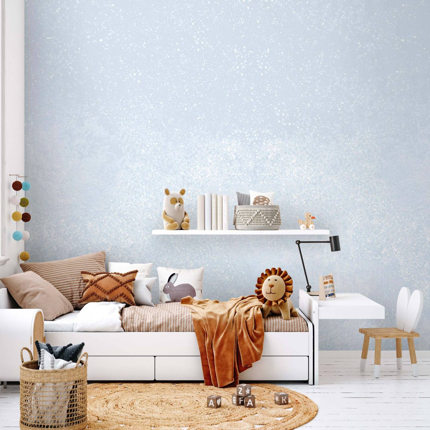 White cozy children room interior background, Scandinavian style